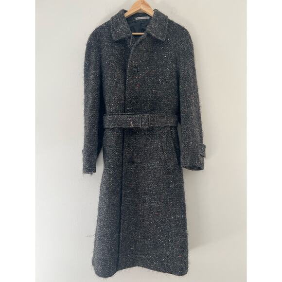 Vintage Pure Wool Long Winter Trench Coat Black White Made in England Medium JL - Picture 1 of 12